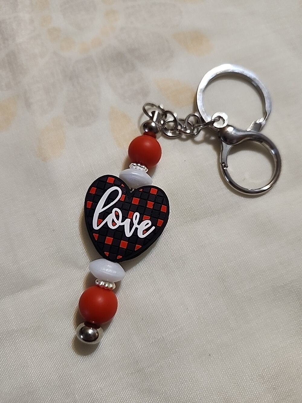 Silicone Bead Keychain Black Red Checkered 'LOVE' Handmade